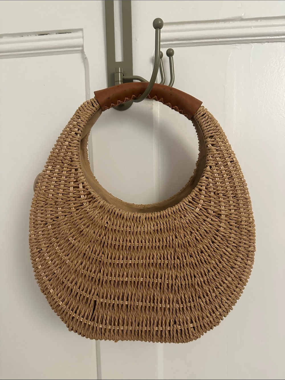 “Oh Goodie” Woven Straw Circle Tote Bag with Brown Handle